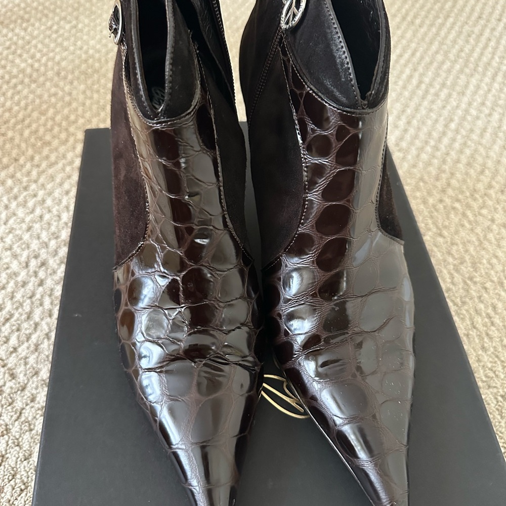 Donald J. Pliner Dark Brown Crocodile-Patterned Booties
